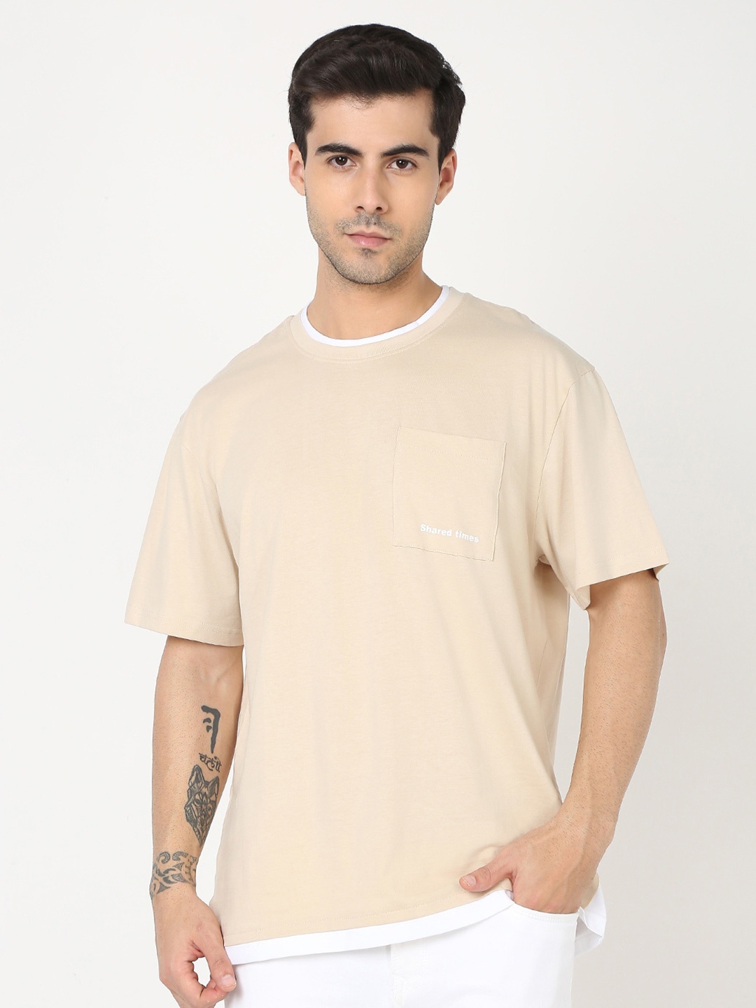 

R&B Round Neck Cotton T-shirt, Beige