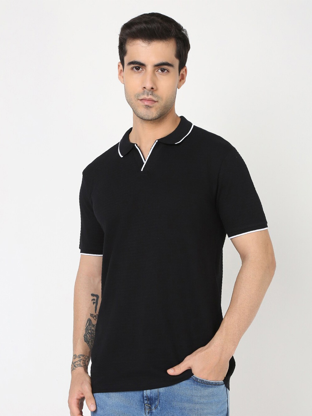 

R&B Self Design Polo Collar Cotton T-shirt, Black