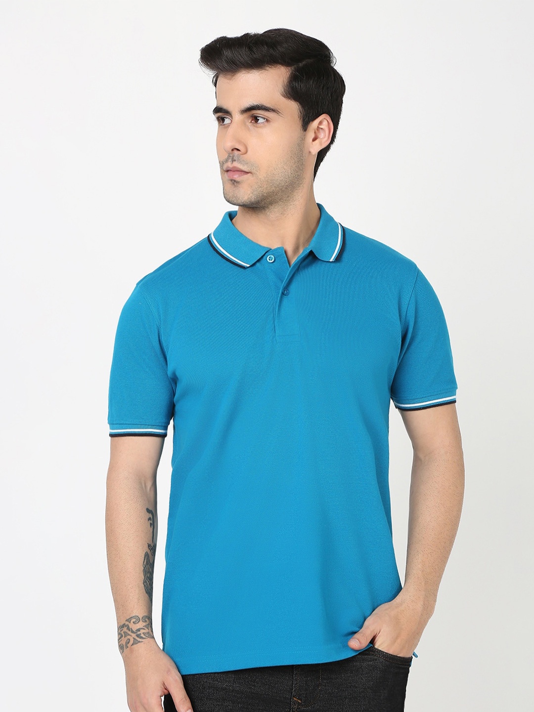 

R&B Polo Collar Cotton T-shirt, Blue