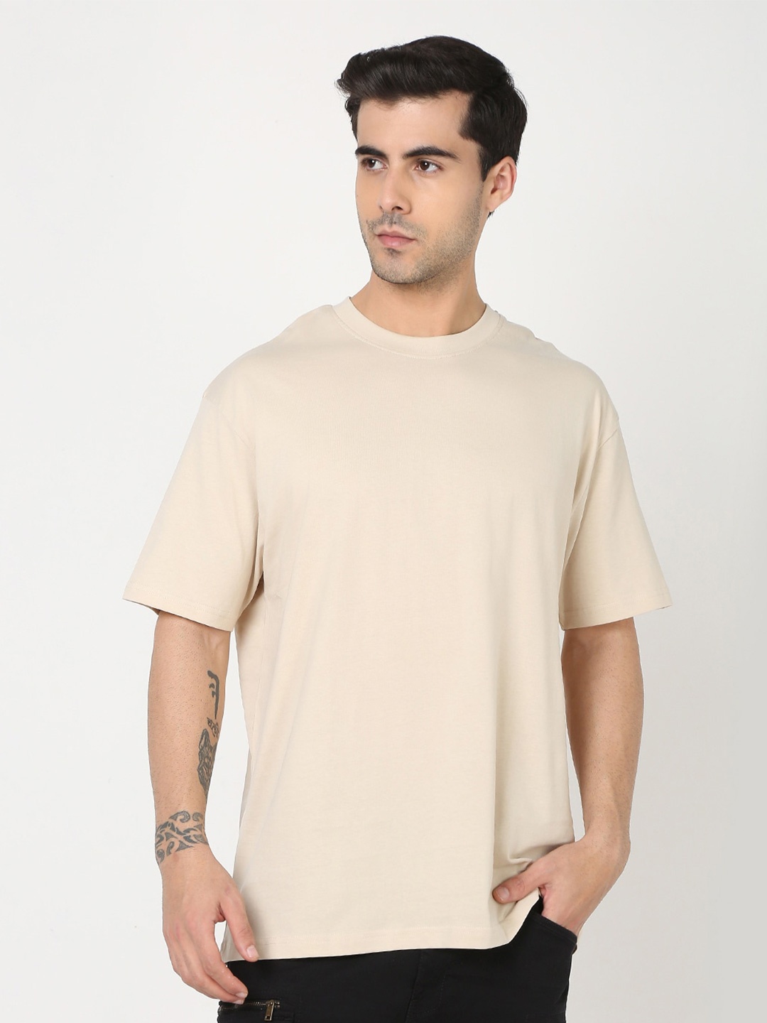 

R&B Drop-Shoulder Sleeves Oversized Cotton T-shirt, Beige