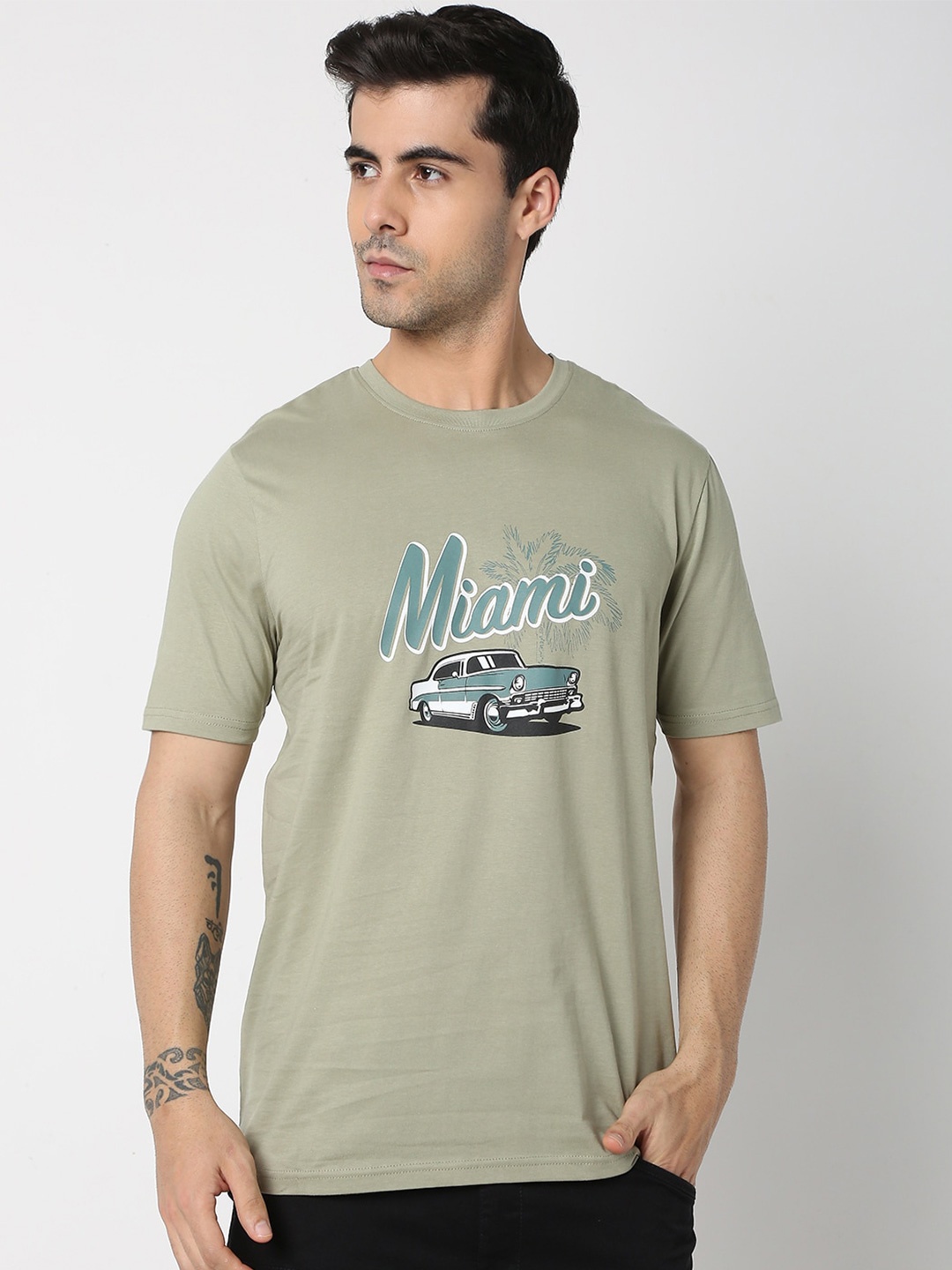 

R&B Typography Printed Round Neck Cotton T-shirt, Green
