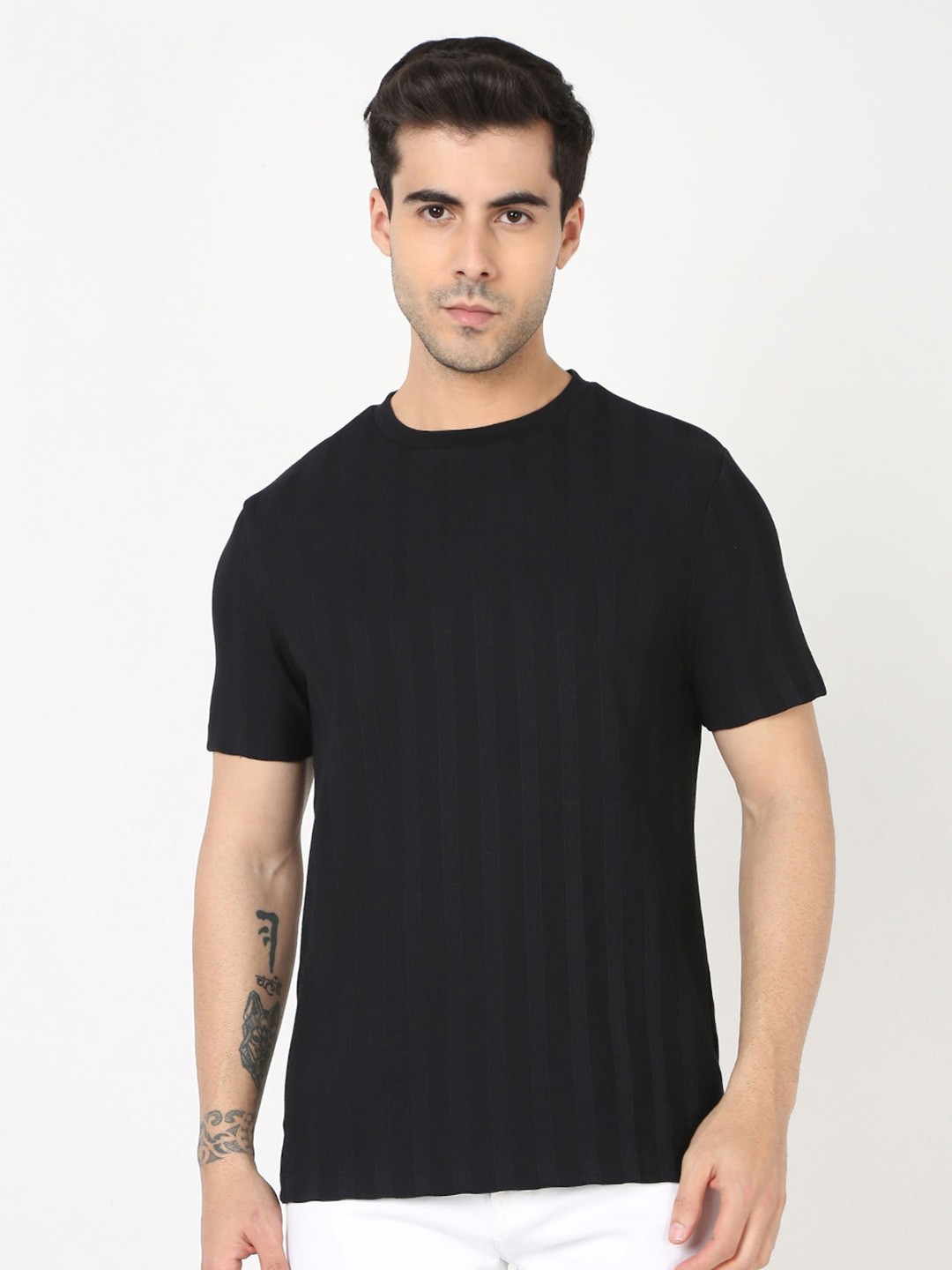 

R&B Striped Round Neck Cotton T-shirt, Black