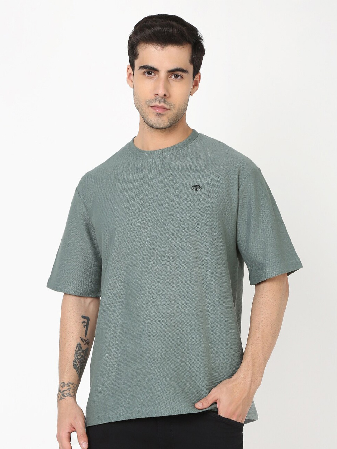 

R&B Round Neck Short Sleeves Cotton T-shirt, Green