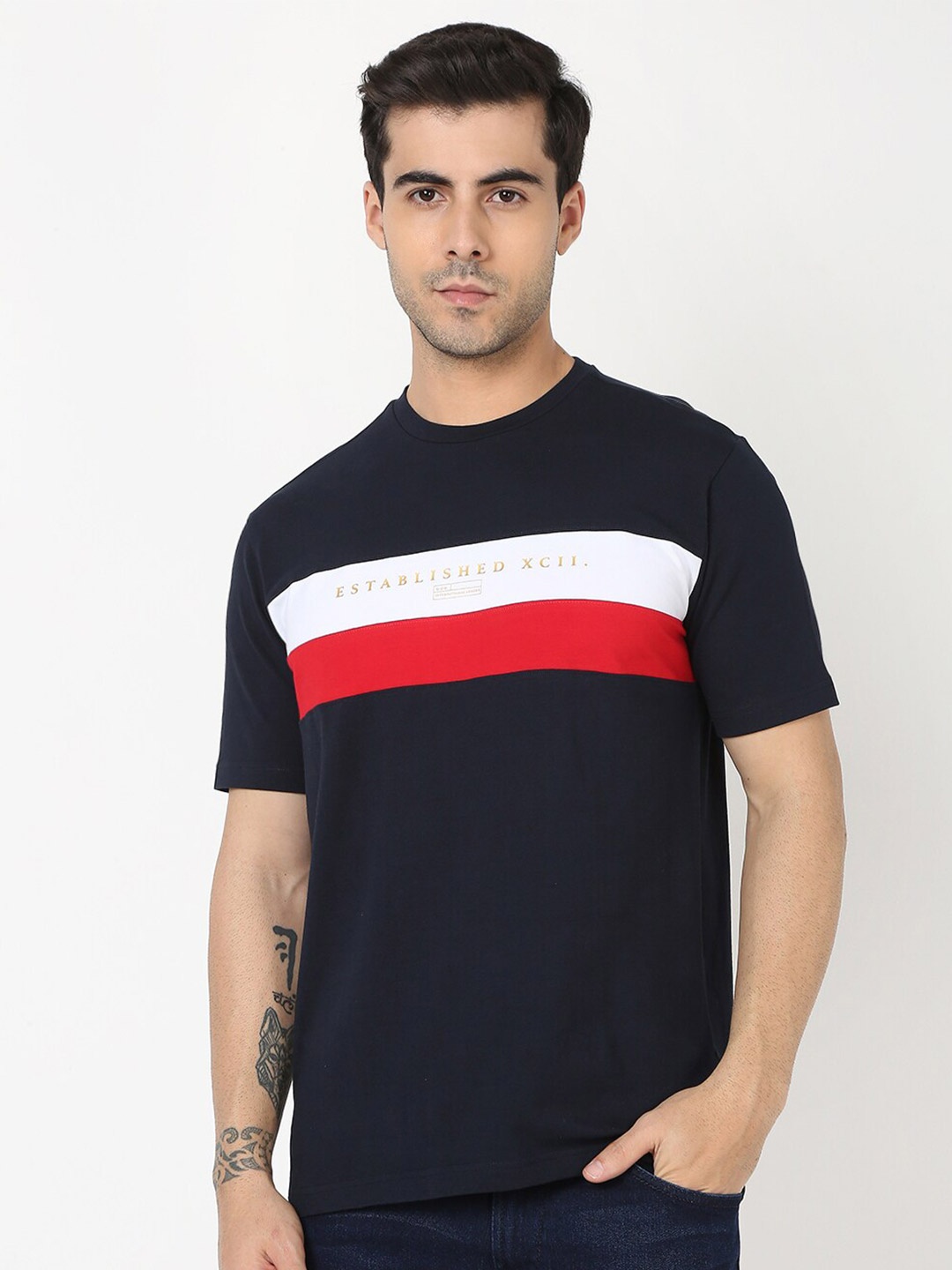 

R&B Striped Round Neck Short Sleeves Cotton T-shirt, Blue