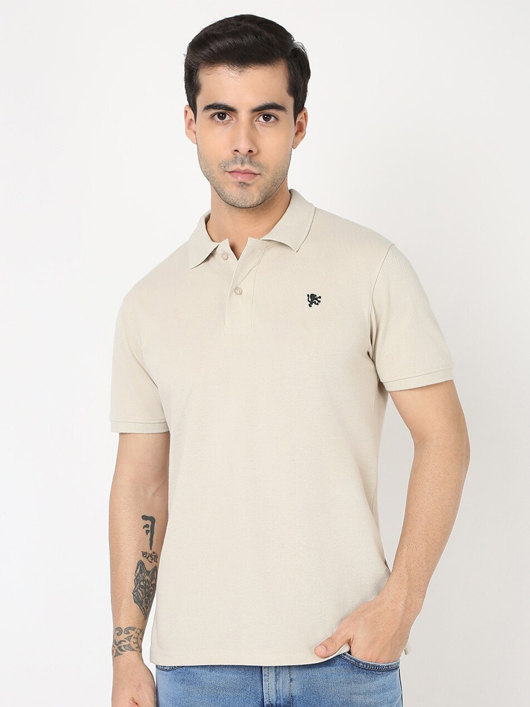 

R&B Polo Collar Short Sleeves Cotton Regular T-shirt, Beige