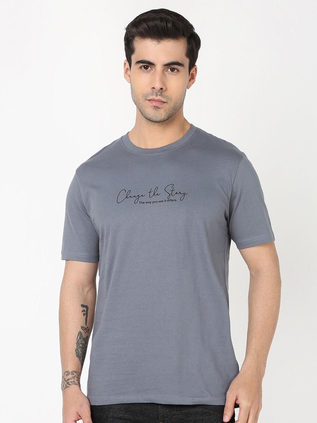 

R&B Typography Printed Cotton T-shirt, Grey