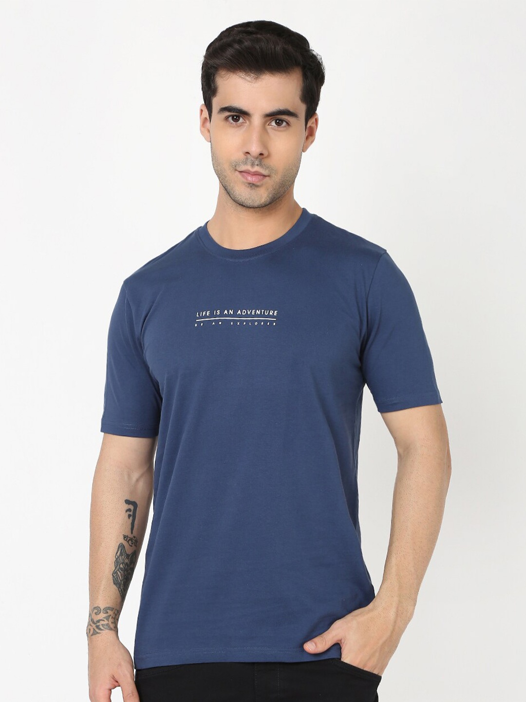 

R&B Round Neck Cotton T-shirt, Blue