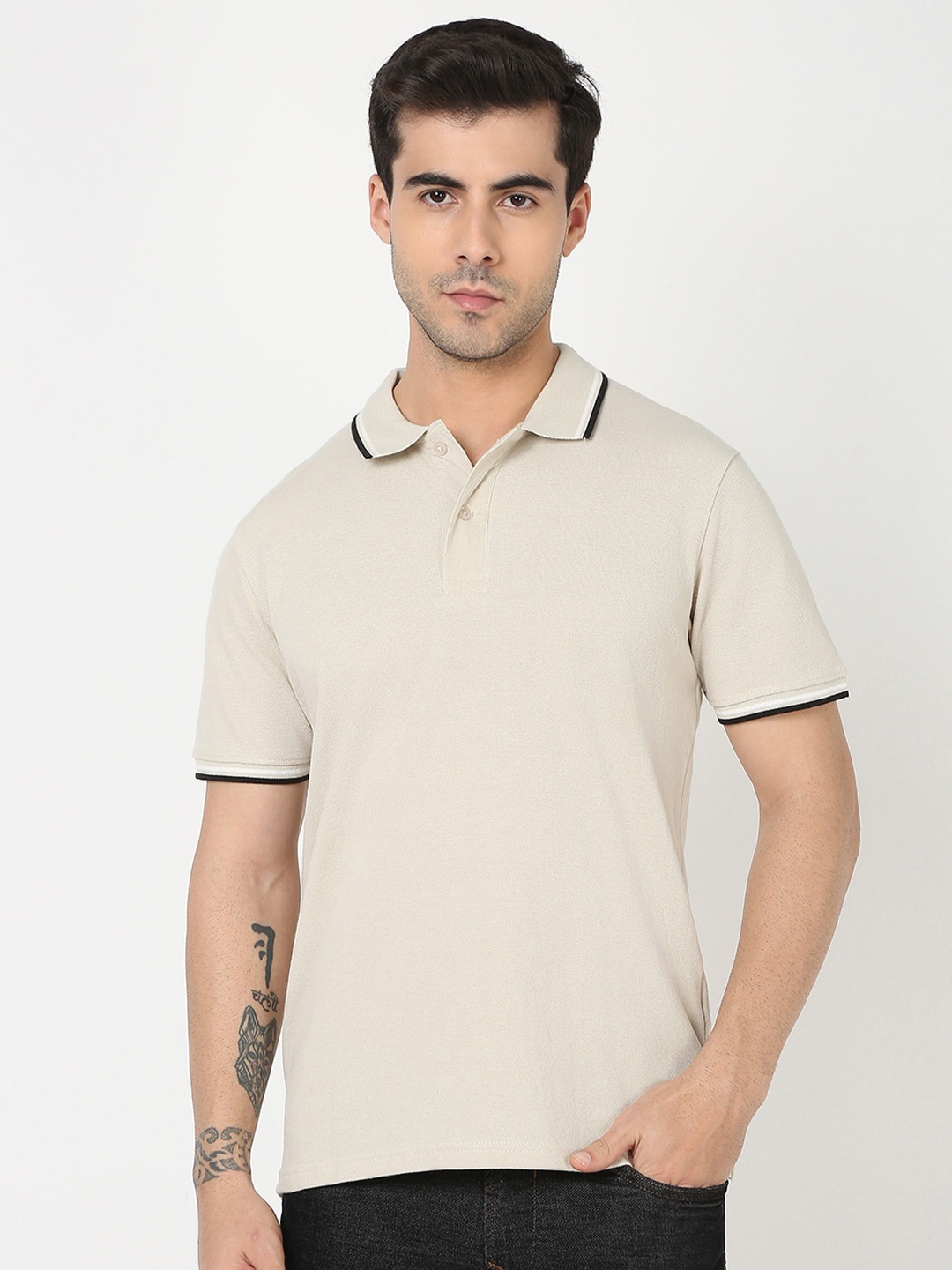 

R&B Polo Collar Short Sleeves Cotton Regular T-shirt, Beige