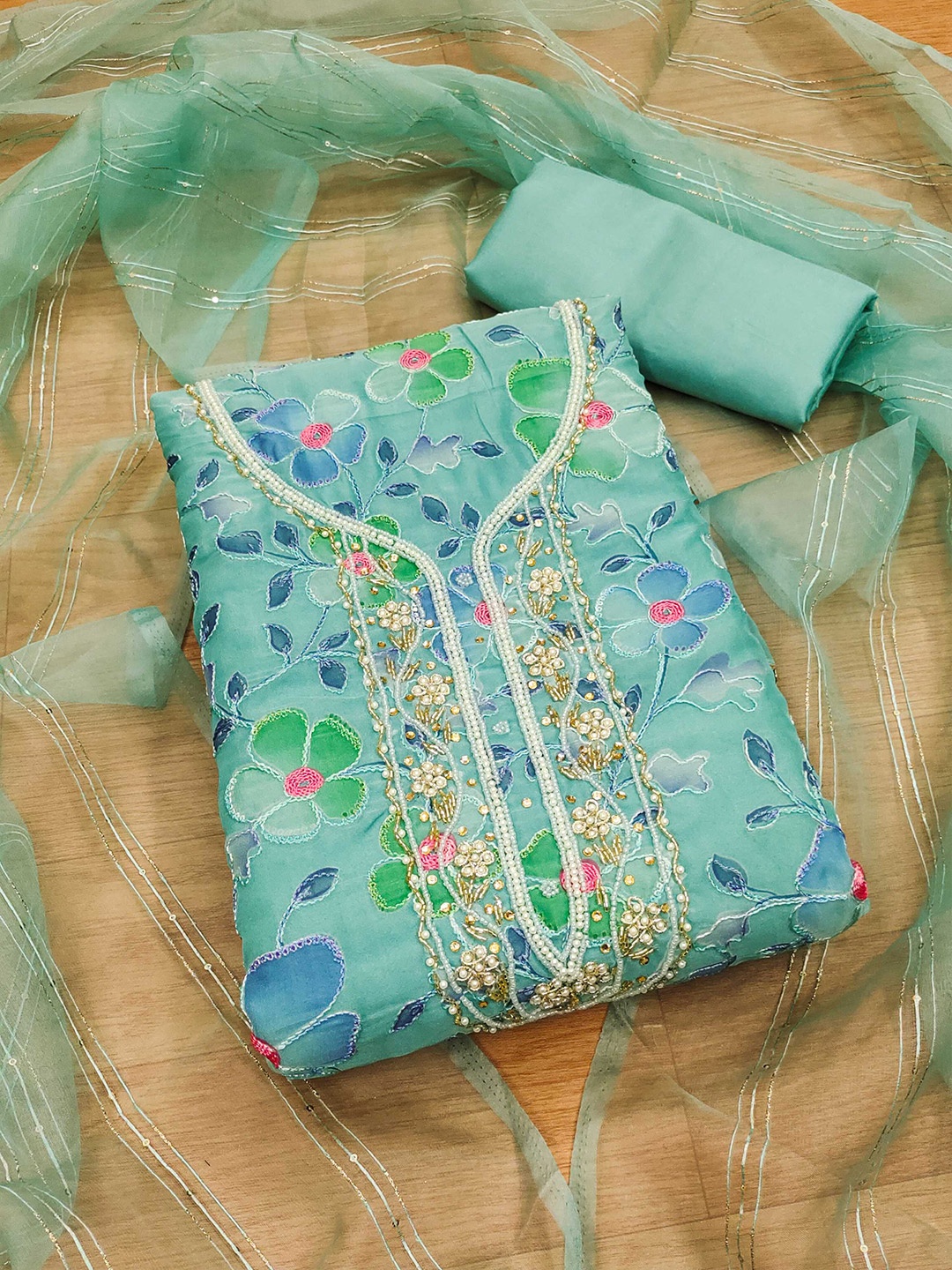 

KALINI Floral Embroidered Beads and Stones Unstitched Dress Material, Blue