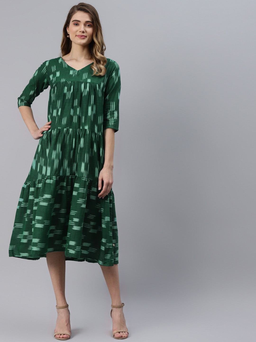 

FABNEST Abstract Printed V-Neck A-Line Midi Dress, Green
