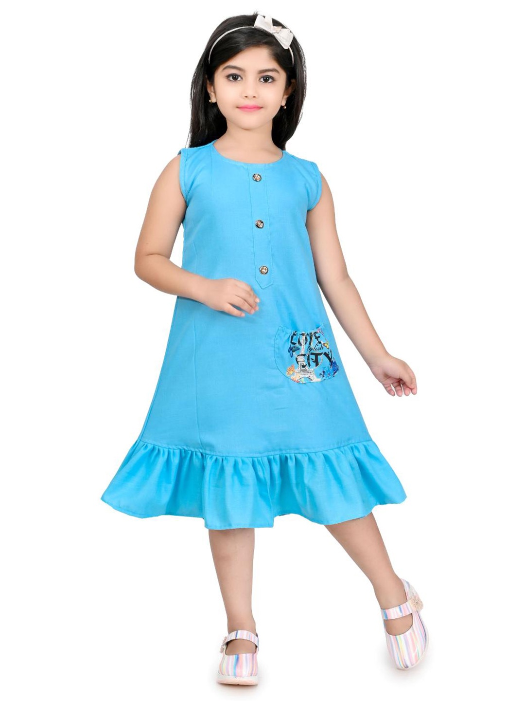 

BAESD Girls Sleeveless Pocket Detail Cotton Linen Flounce A-Line Dress, Blue