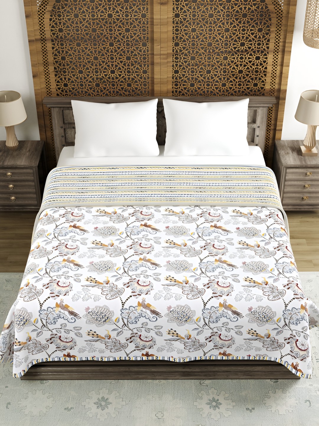 

Aura Brown & White Floral AC Room 150 GSM Double Bed Dohar