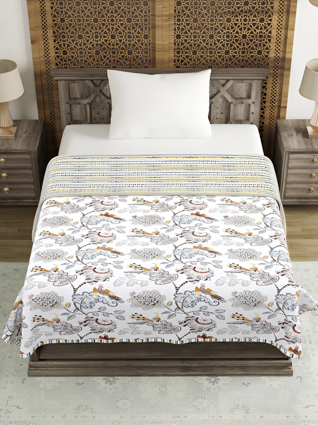 

Aura Brown & White Floral AC Room 150 GSM Single Bed Dohar
