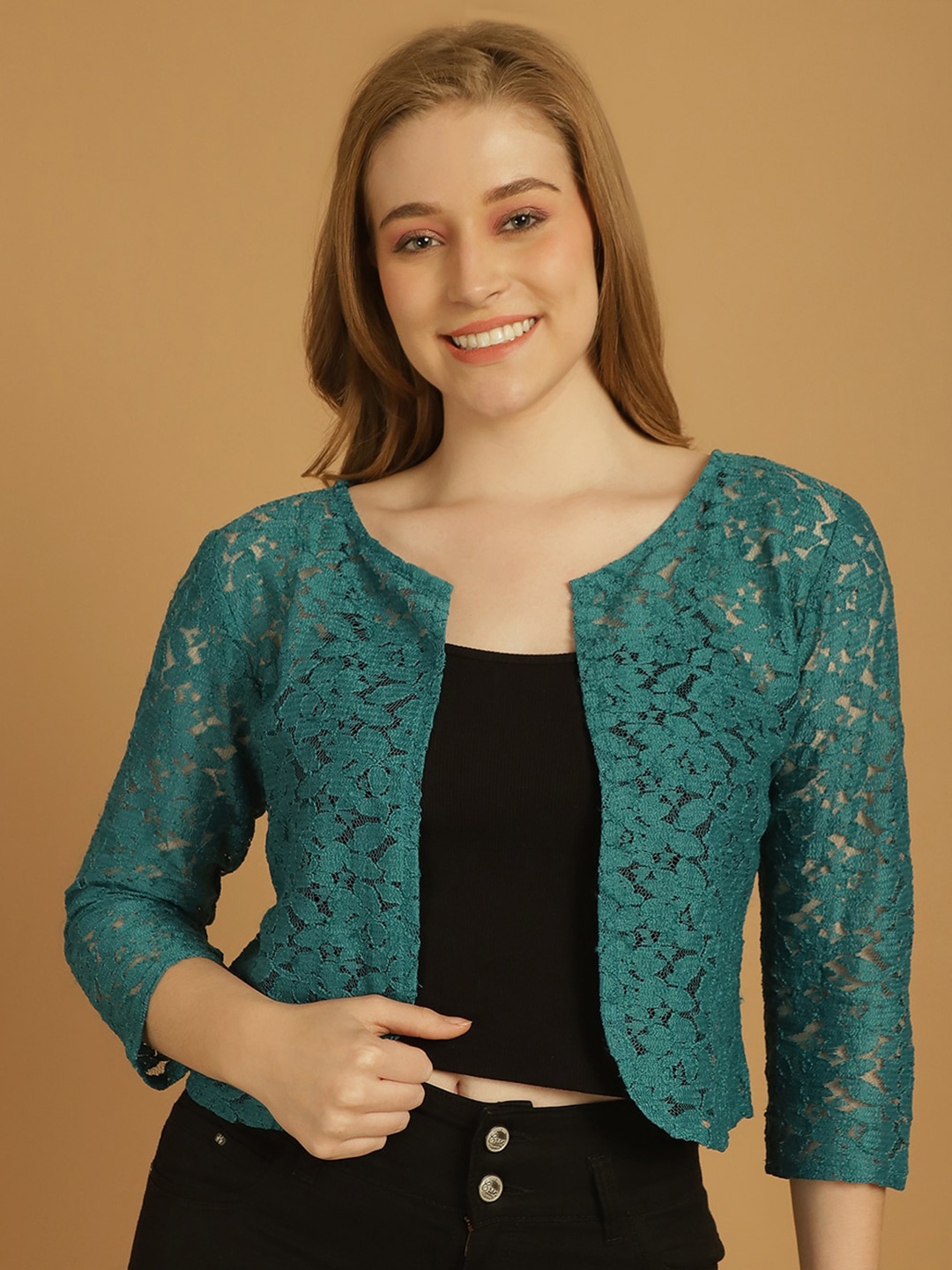 

urSense Self Design Laced Open Front Crop Shrug Comes With Inner, Green