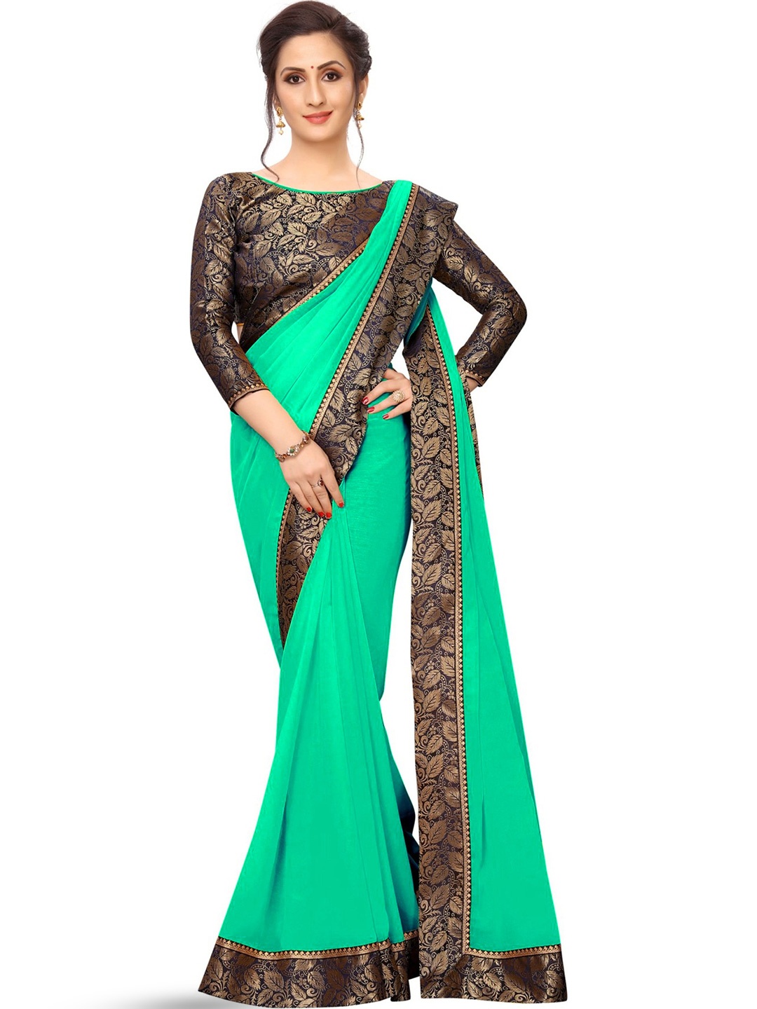 

SM TRENDZ Zari Pure Georgette Saree, Sea green