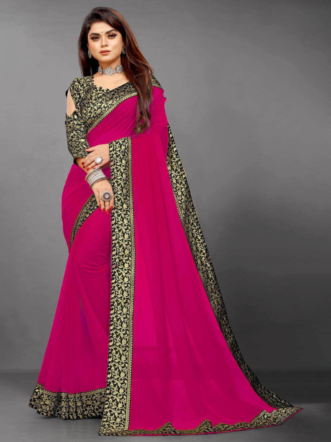 

SM TRENDZ Woven Design Zari Pure Georgette Bhagalpuri Saree, Pink