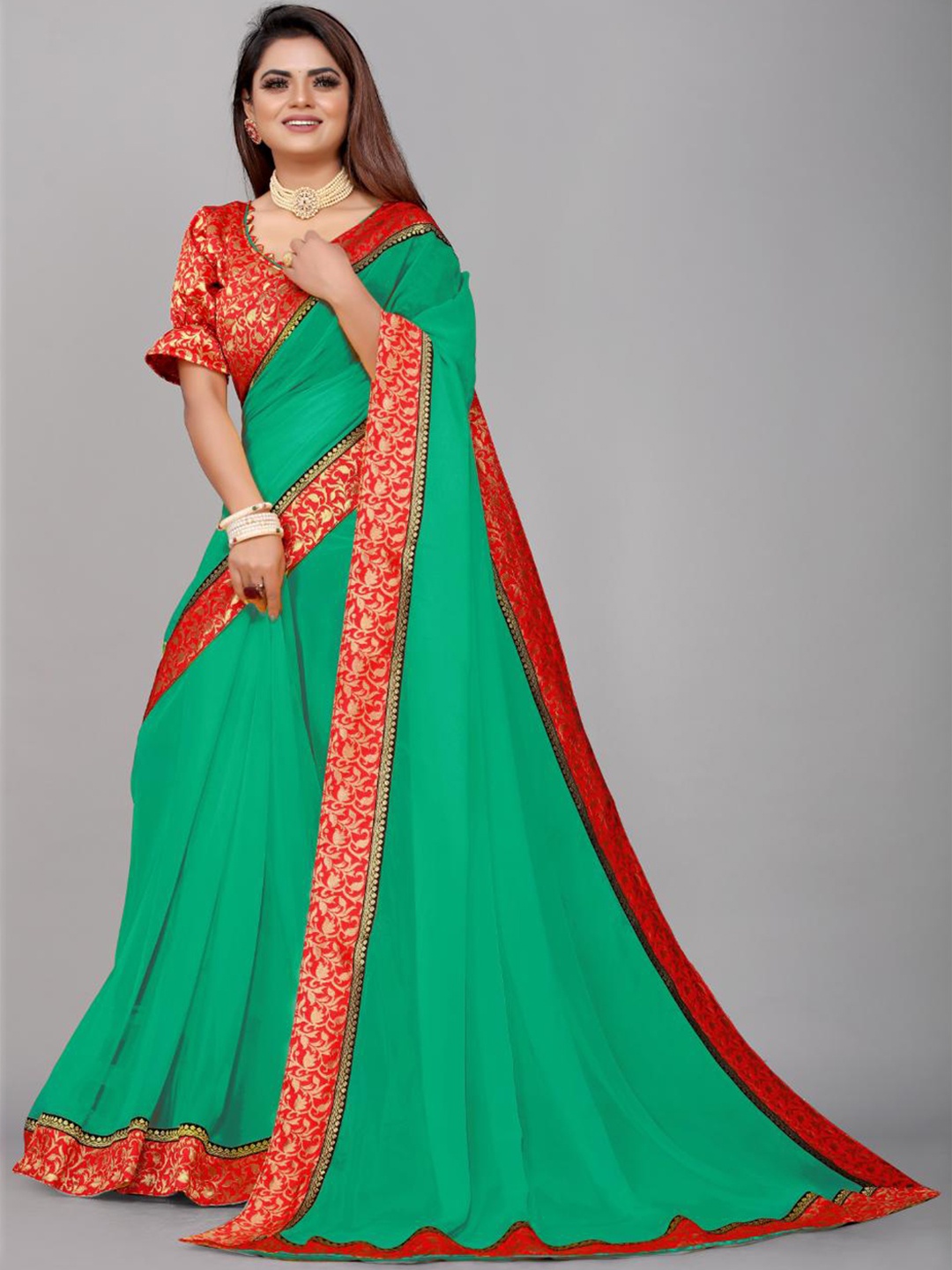 

SM TRENDZ Dyed Embellished Ethnic Woven Pure Georgette Bhagalpuri Zari Saree, Sea green