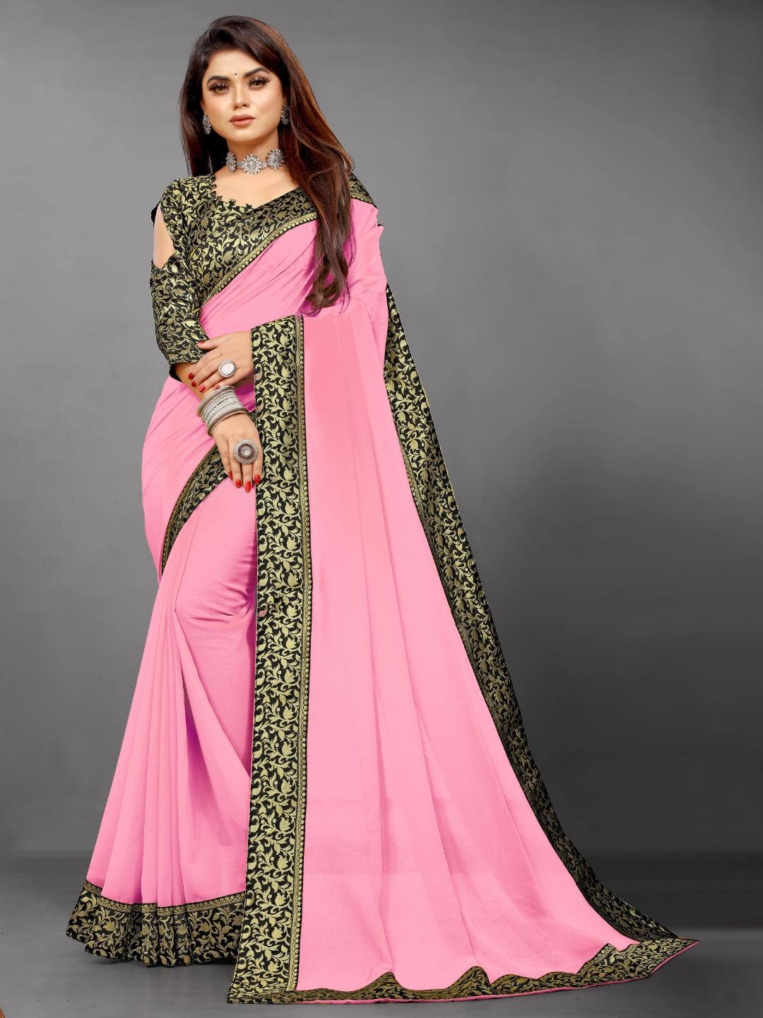 

SM TRENDZ Zari Pure Georgette Bhagalpuri Saree, Pink