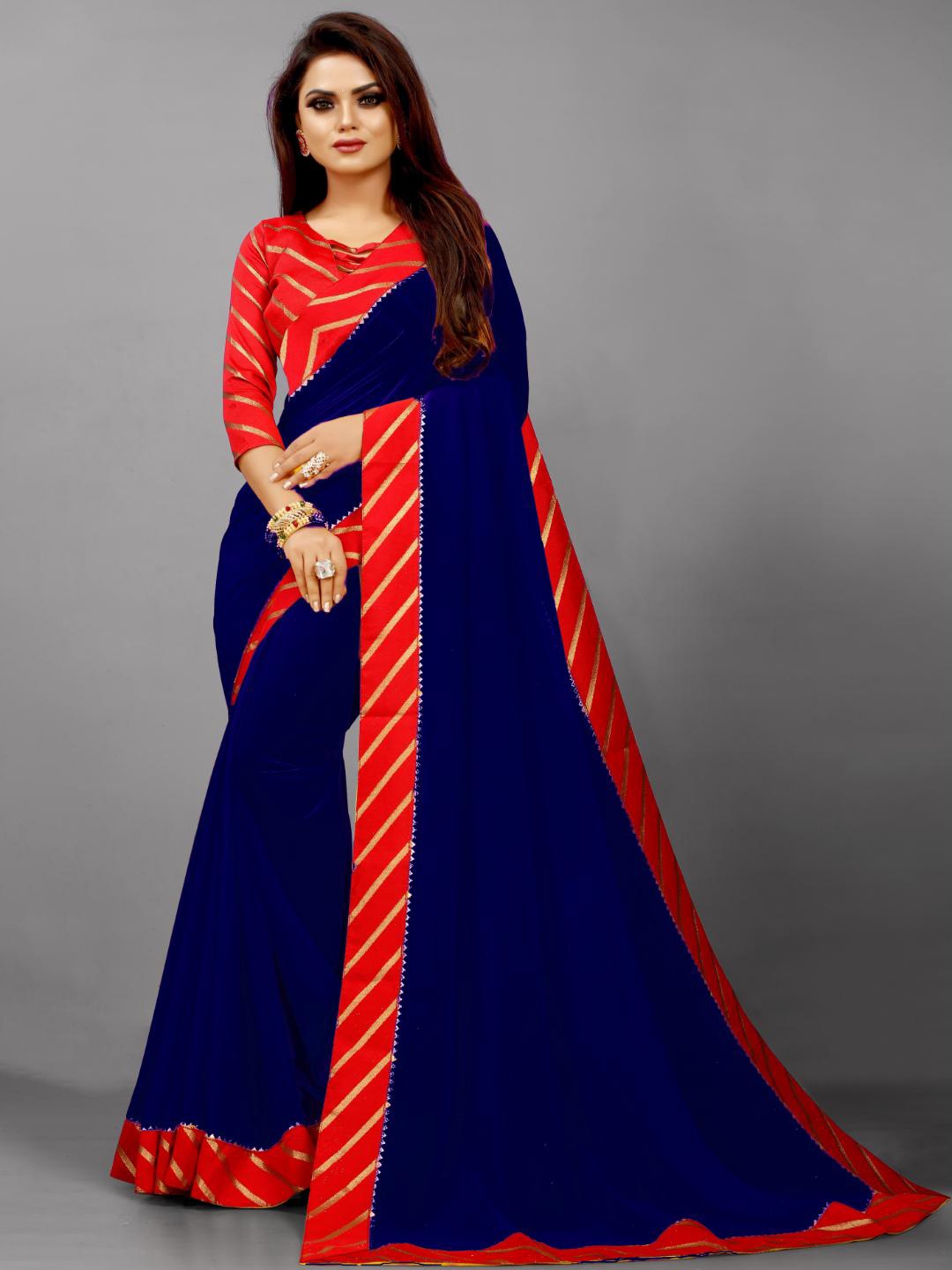 

SM TRENDZ Printed Border Gotta Patti Pure Georgette Leheriya Saree, Navy blue