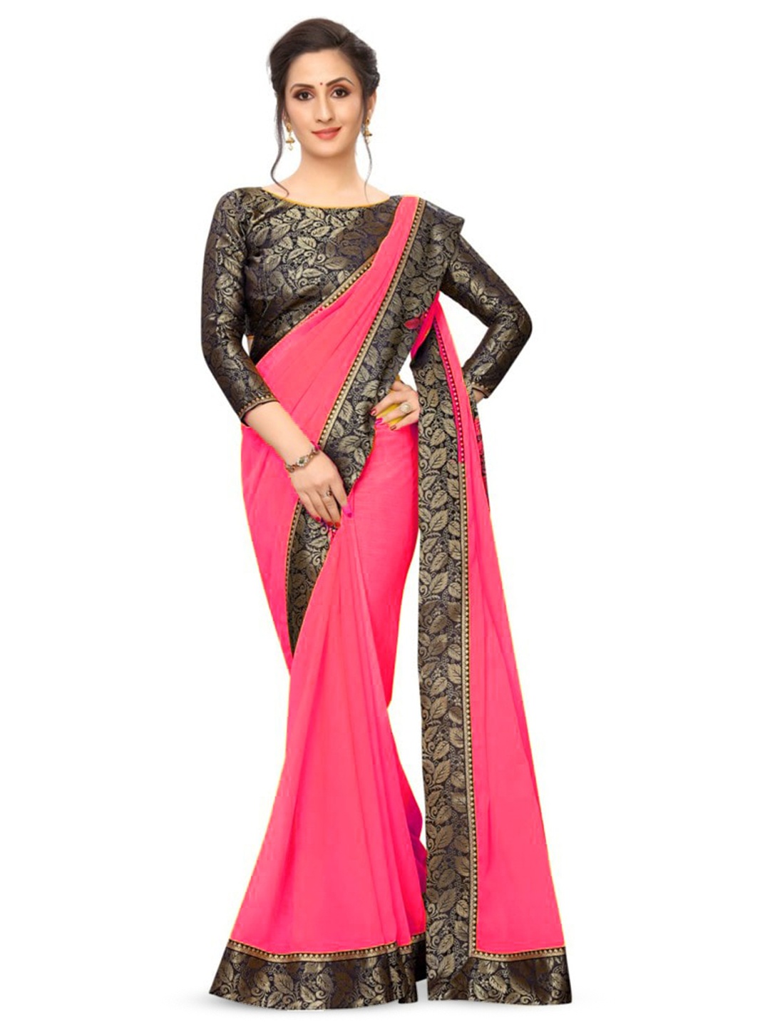

SM TRENDZ Floral Woven Design Zari Pure Georgette Paithani Saree, Pink