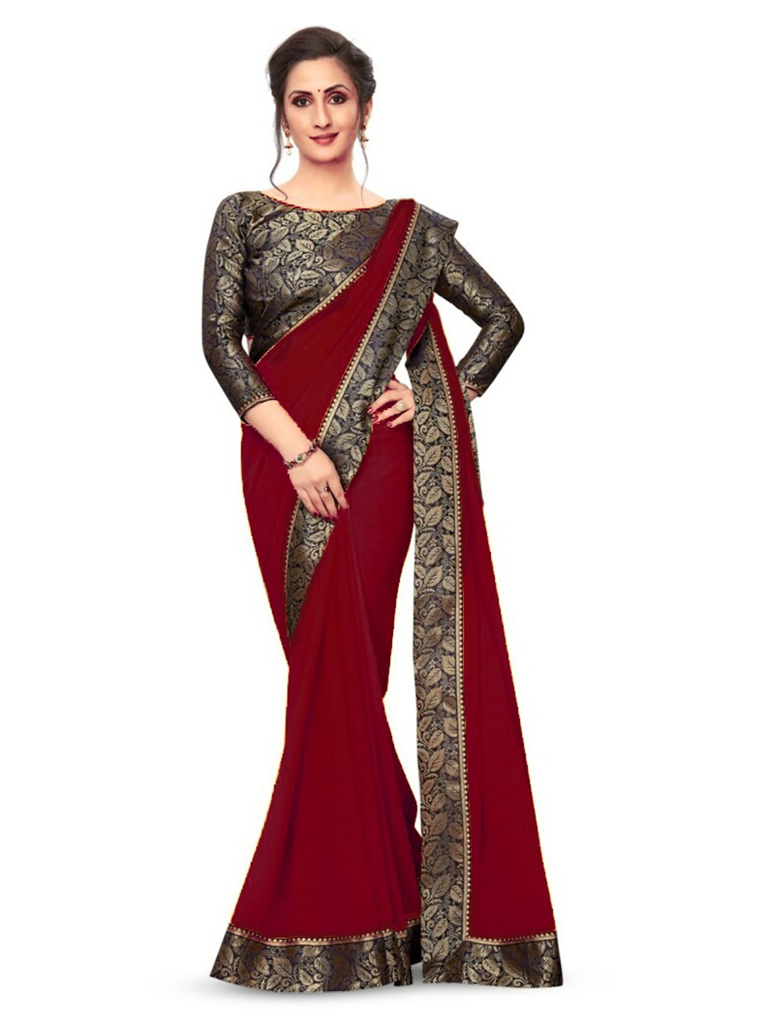 

SM TRENDZ Floral Woven Design Zari Pure Georgette Paithani Saree, Maroon