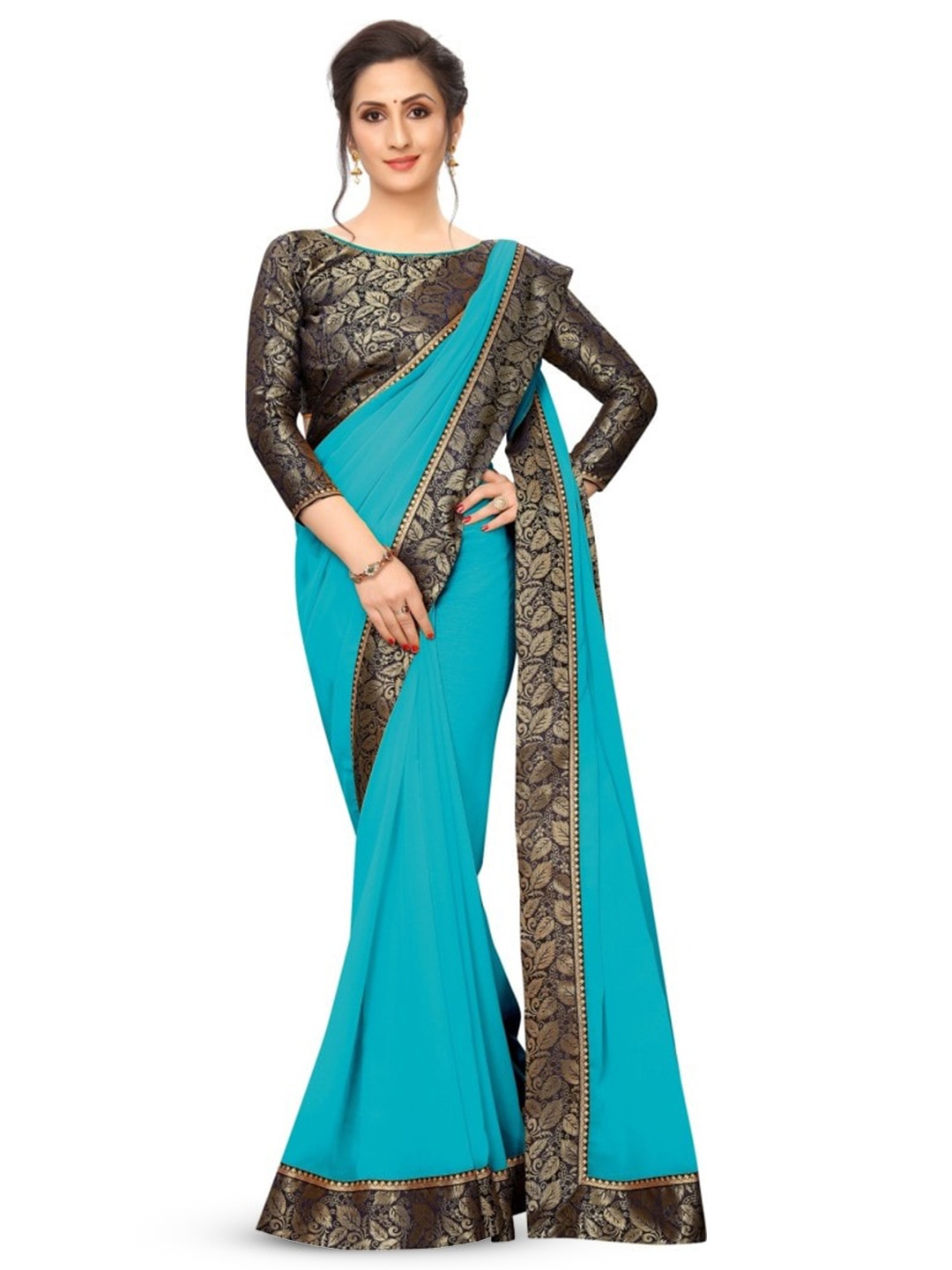 

SM TRENDZ Floral Woven Design Zari Pure Georgette Paithani Saree, Blue
