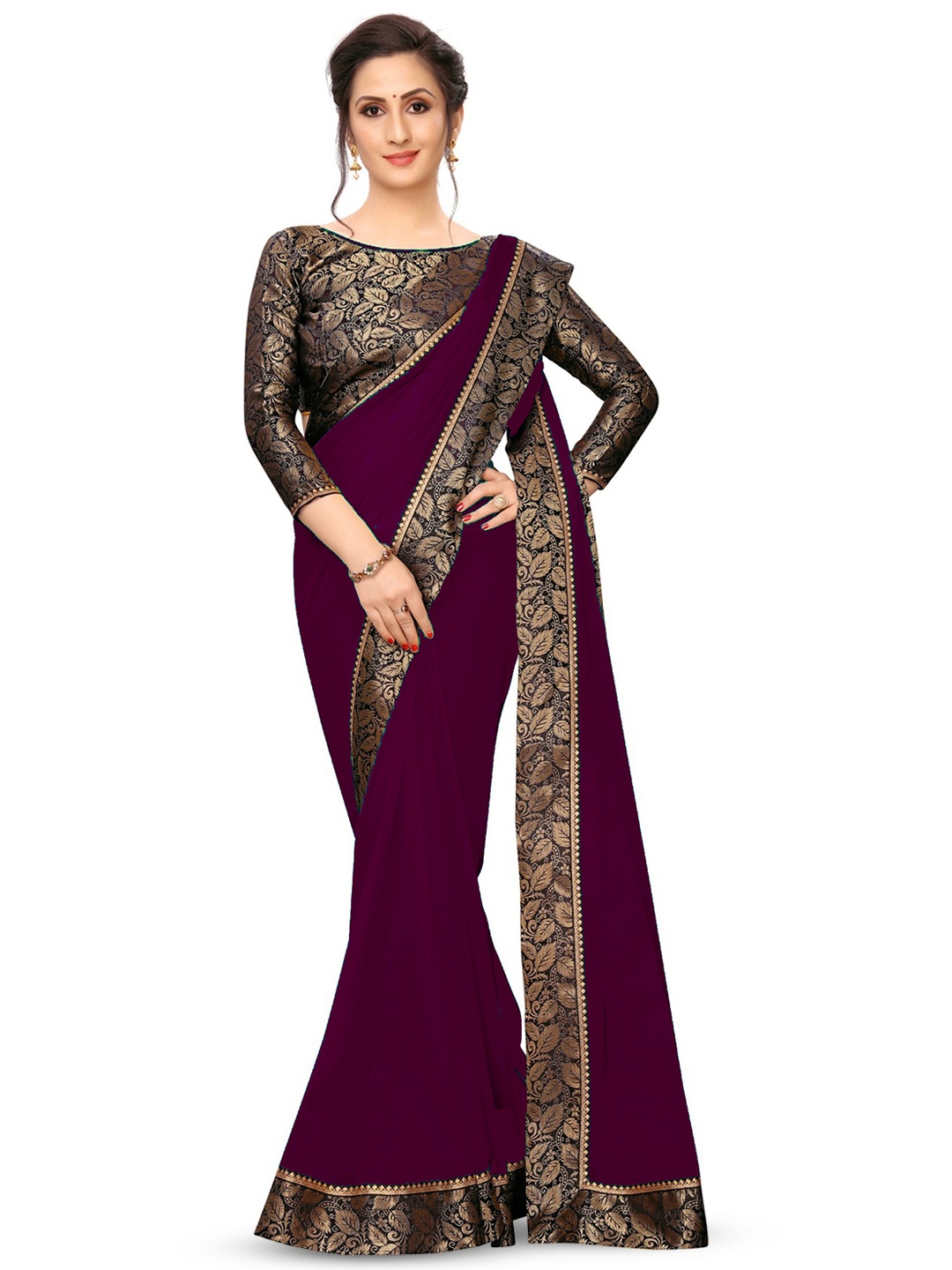 

SM TRENDZ Floral Woven Design Zari Pure Georgette Paithani Saree, Purple