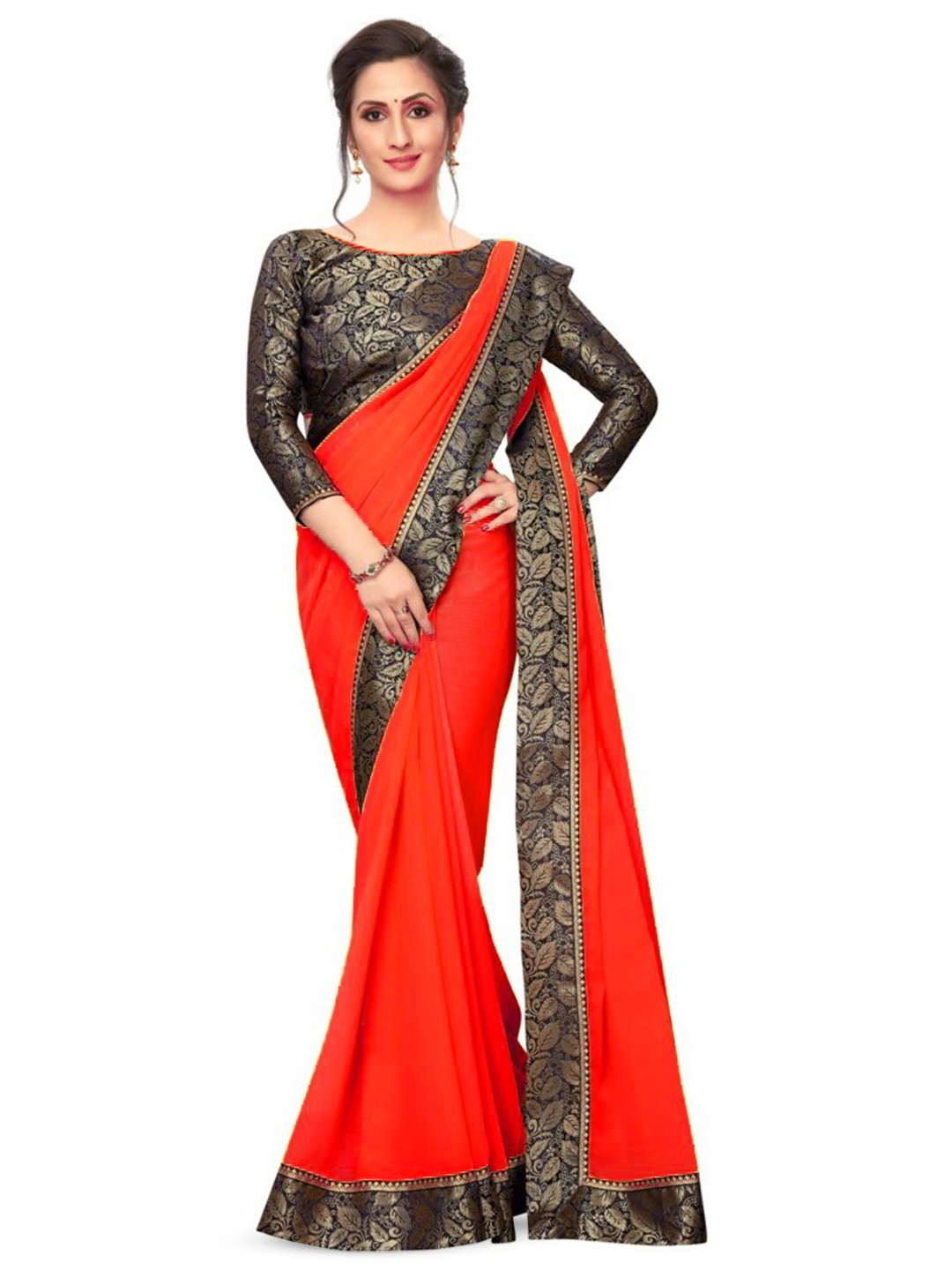 

SM TRENDZ Floral Woven Design Zari Pure Georgette Paithani Saree, Red