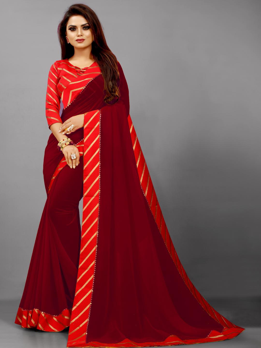 

SM TRENDZ Sriped Printed Pure Georgette Saree, Maroon