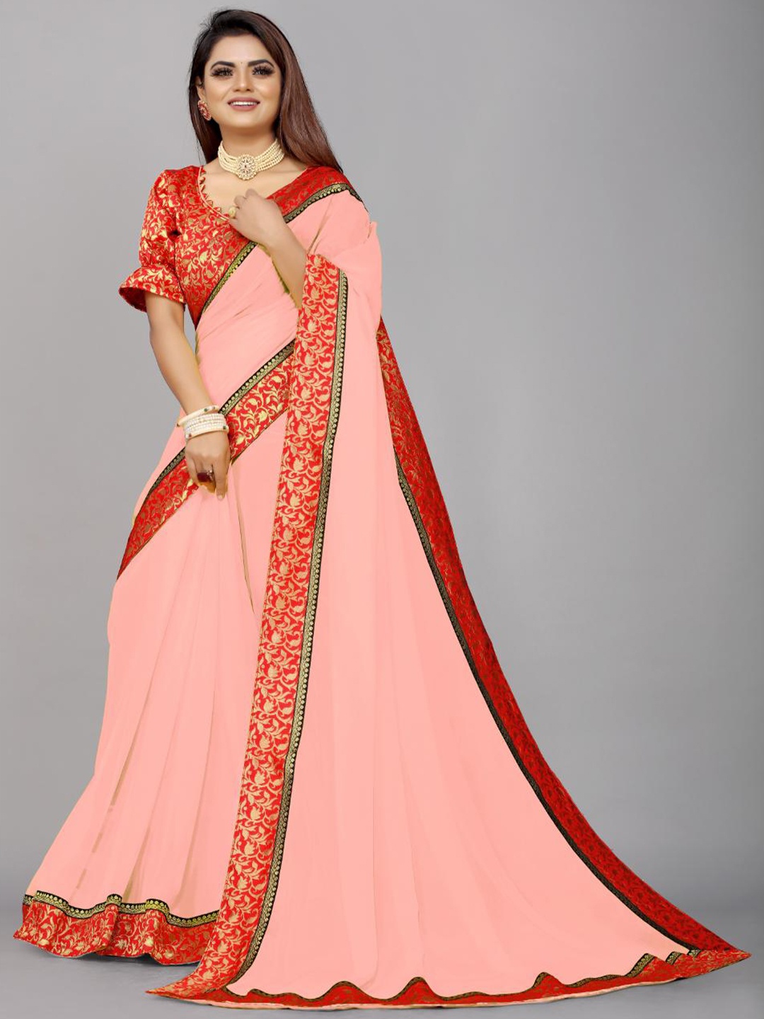 

SM TRENDZ Floral Woven Design Zari Pure Georgette Bhagalpuri Saree, Peach