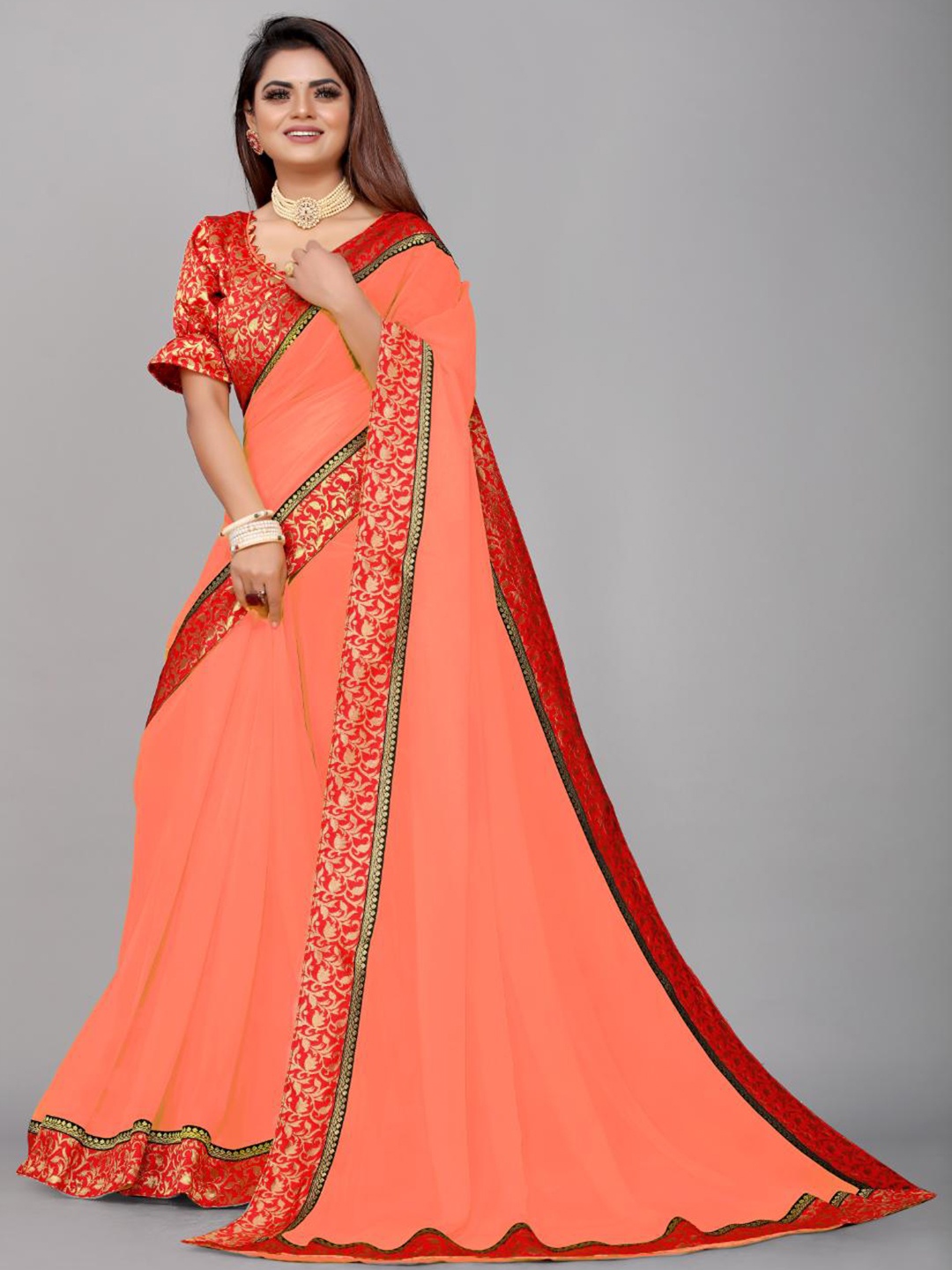 

SM TRENDZ Woven Design Zari Pure Georgette Bhagalpuri Saree, Orange