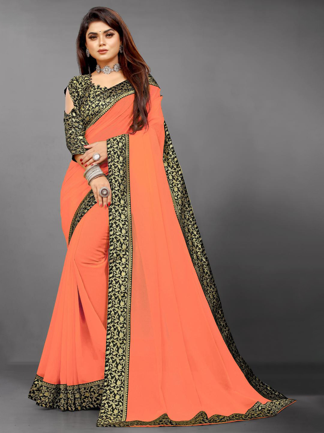 

SM TRENDZ Dyed Embellished Ethnic Woven Design Pure Georgette Bhagalpuri Zari Saree, Orange