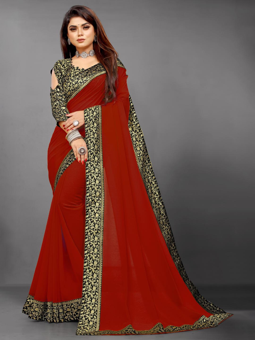 

SM TRENDZ Woven Design Zari Pure Georgette Bhagalpuri Saree, Red