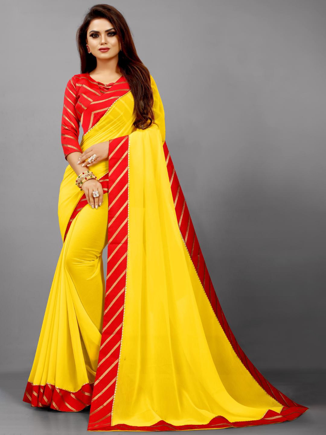 

SM TRENDZ Zari Pure Georgette Leheriya Saree, Yellow