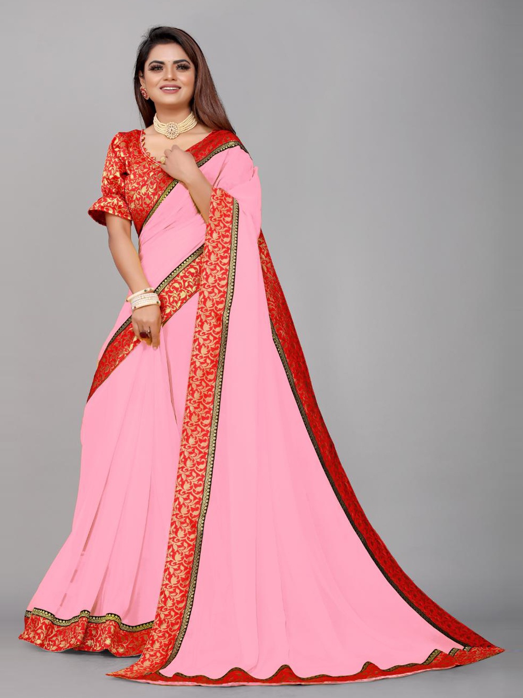 

SM TRENDZ Woven Design Zari Pure Georgette Saree, Pink