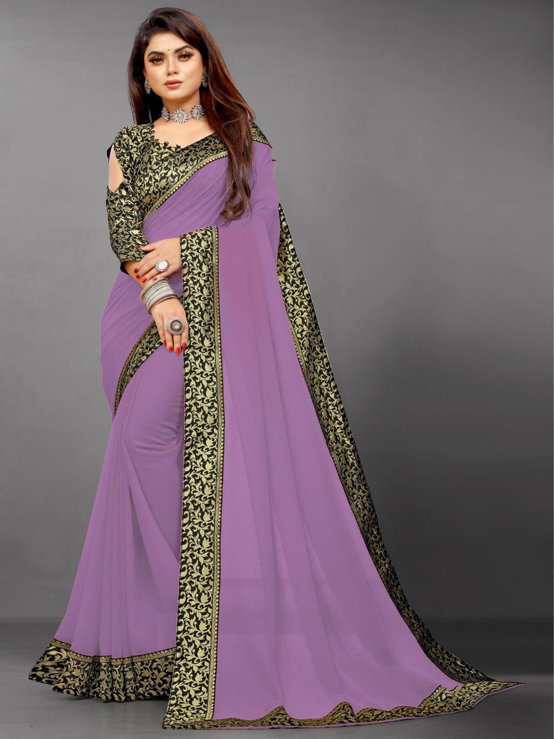 

SM TRENDZ Dyed Embellished Ethnic Woven Design Pure Georgette Saree, Purple