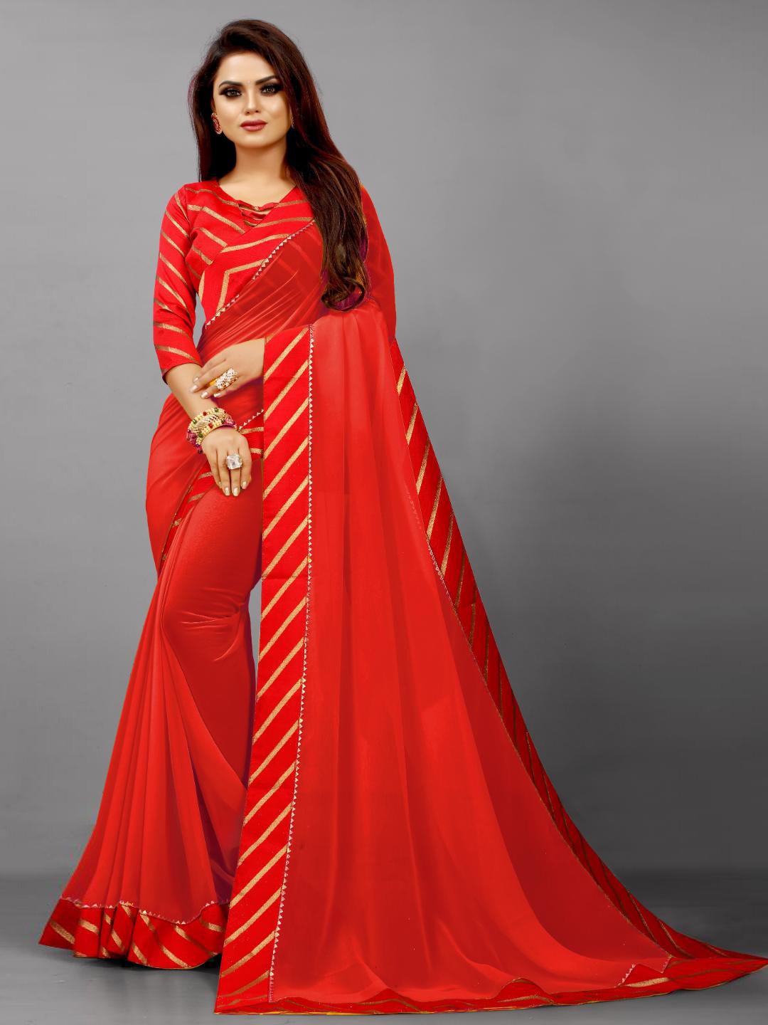 

SM TRENDZ Woven Design Zari Pure Georgette Leheriya Saree, Red