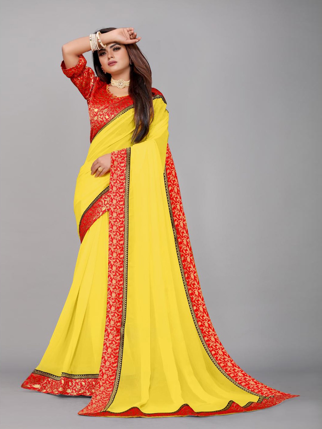 

SM TRENDZ Dyed Embellished Ethnic Woven Design Pure Georgette Zari Saree, Yellow