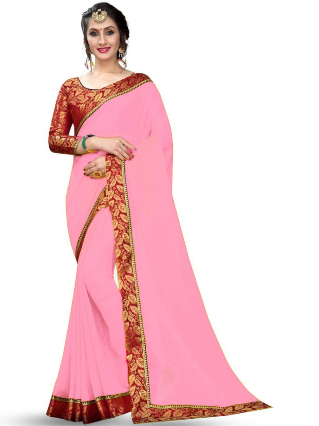 

SM TRENDZ Floral Woven Design Zari Pure Georgette Bhagalpuri Saree, Pink