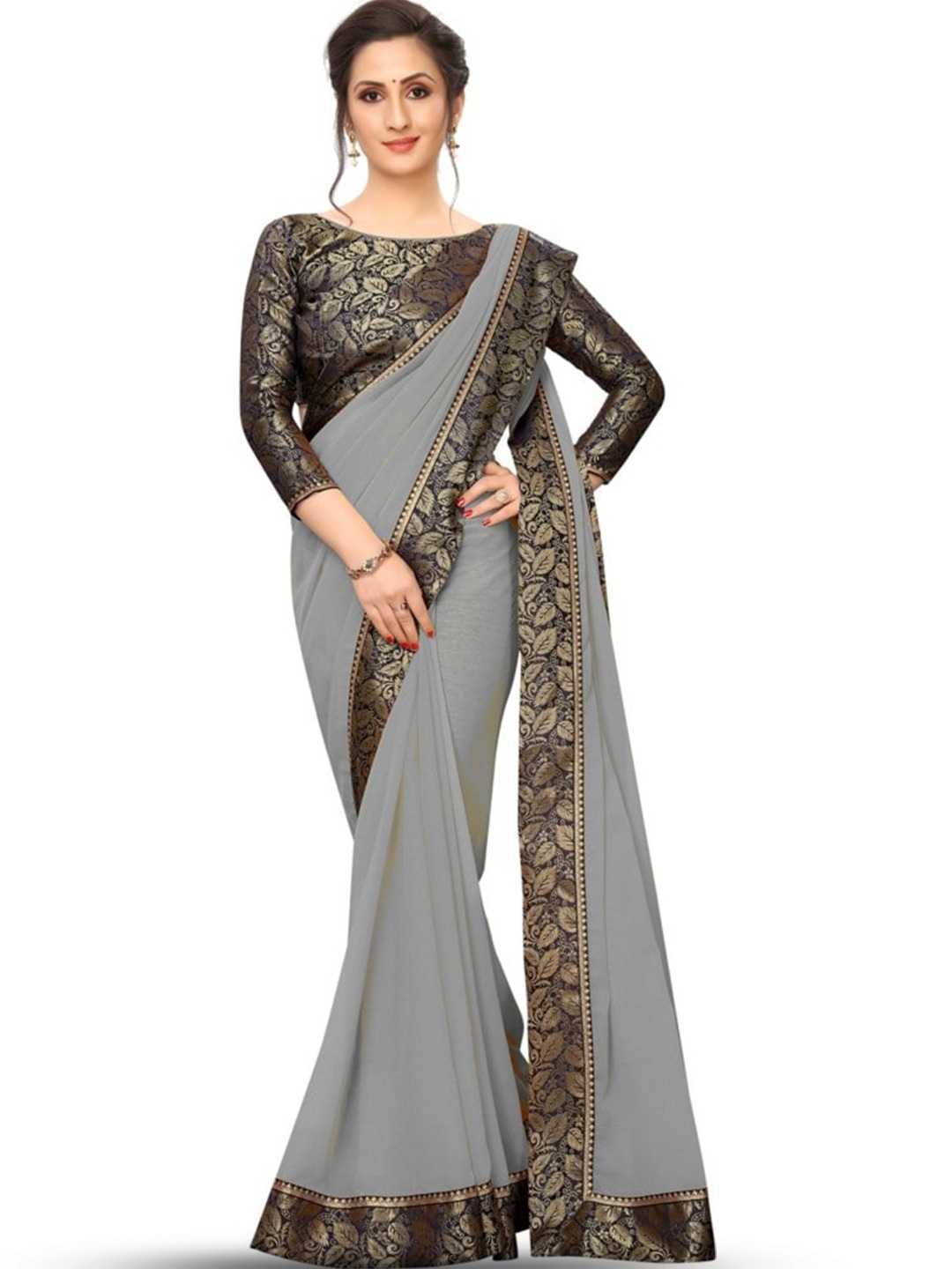 

SM TRENDZ Zari Pure Georgette Paithani Saree, Grey