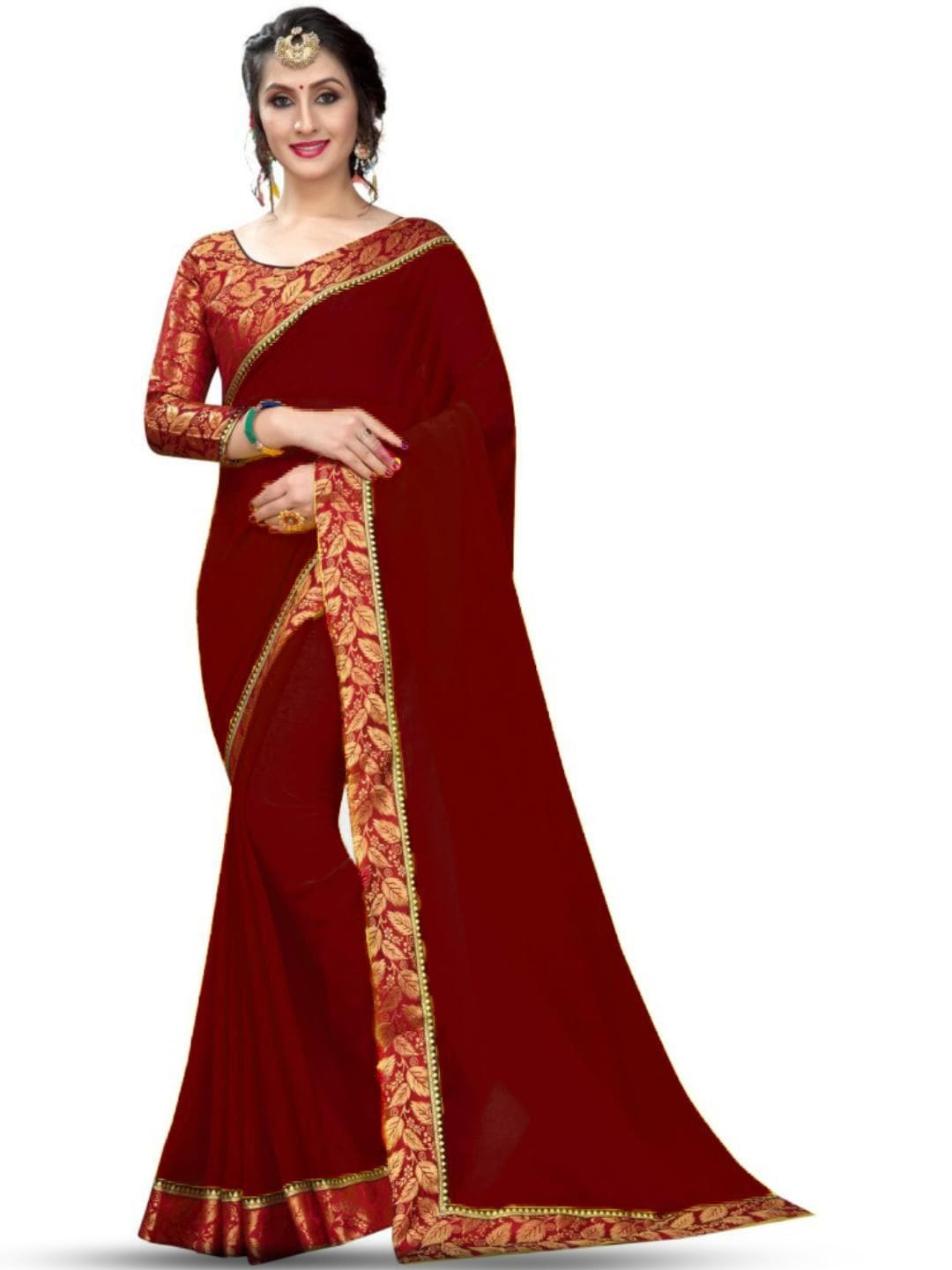 

SM TRENDZ Zari Pure Georgette Bhagalpuri Saree, Maroon