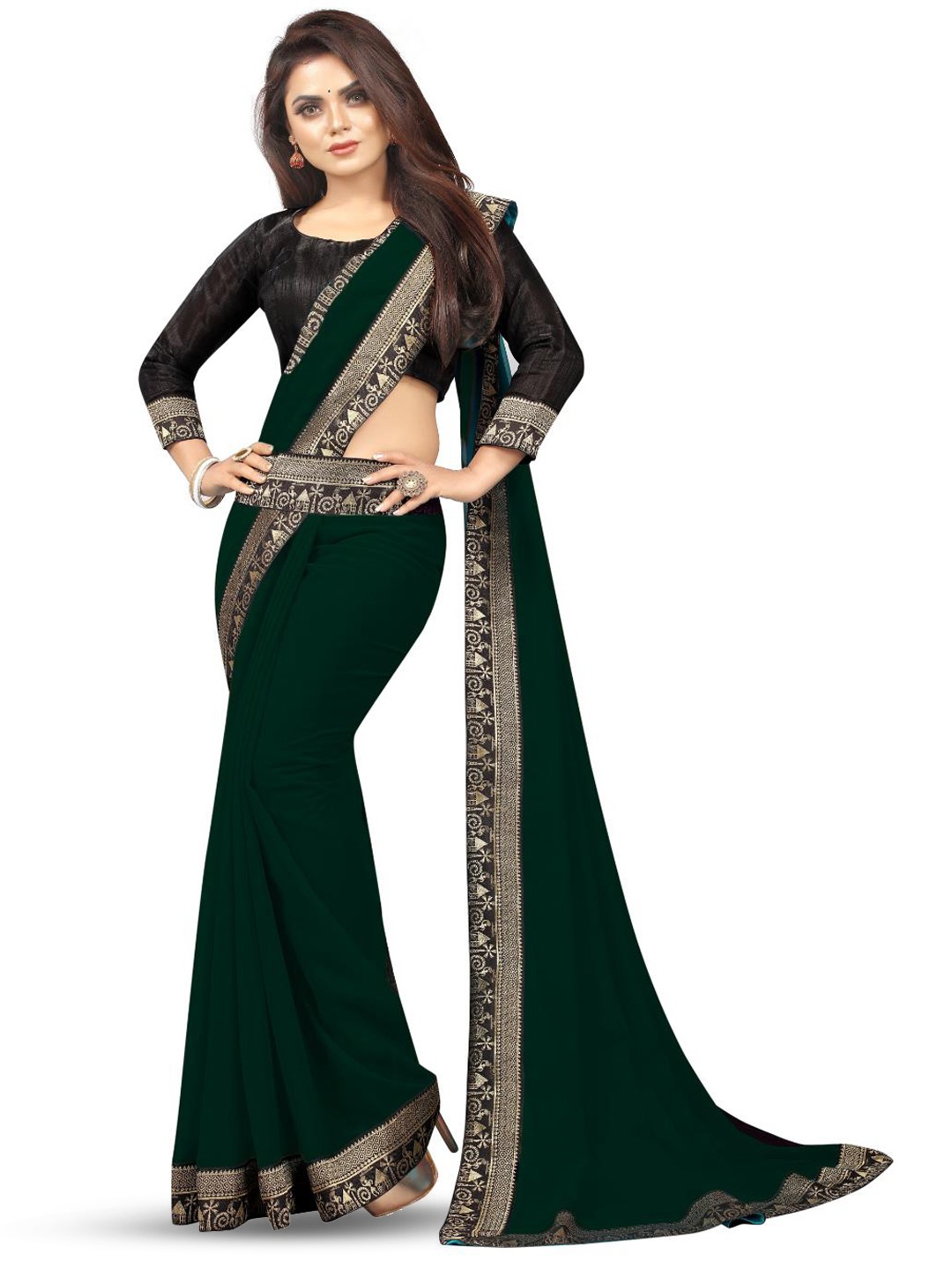 

SM TRENDZ Floral Woven Design Zari Pure Georgette Bhagalpuri Saree, Green