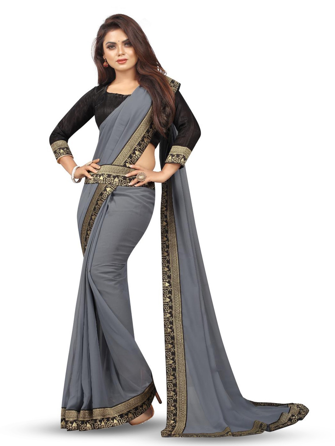 

SM TRENDZ Floral Woven Design Zari Pure Georgette Bhagalpuri Saree, Grey