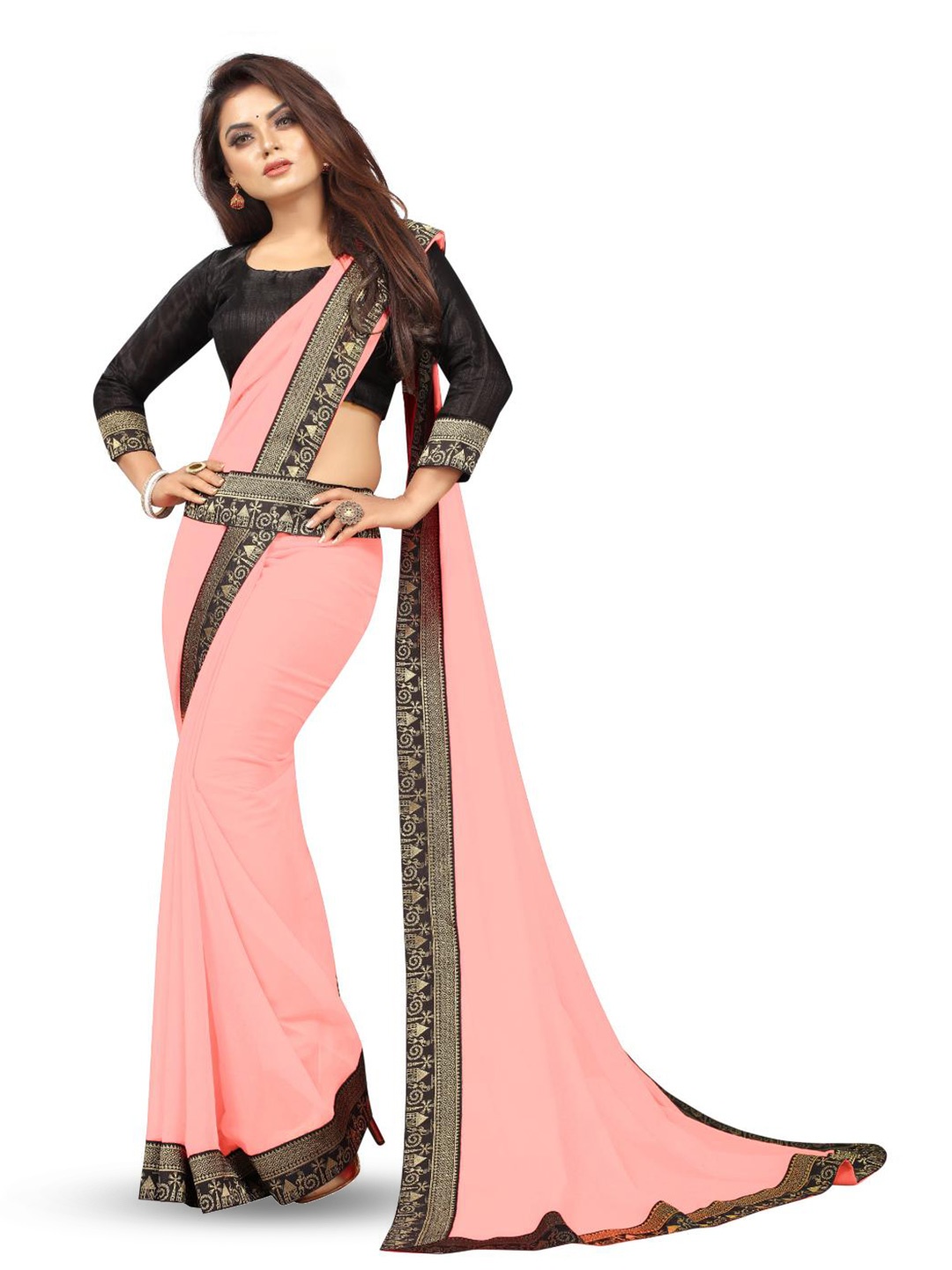 

SM TRENDZ Floral Woven Design Zari Pure Georgette Bhagalpuri Saree, Peach