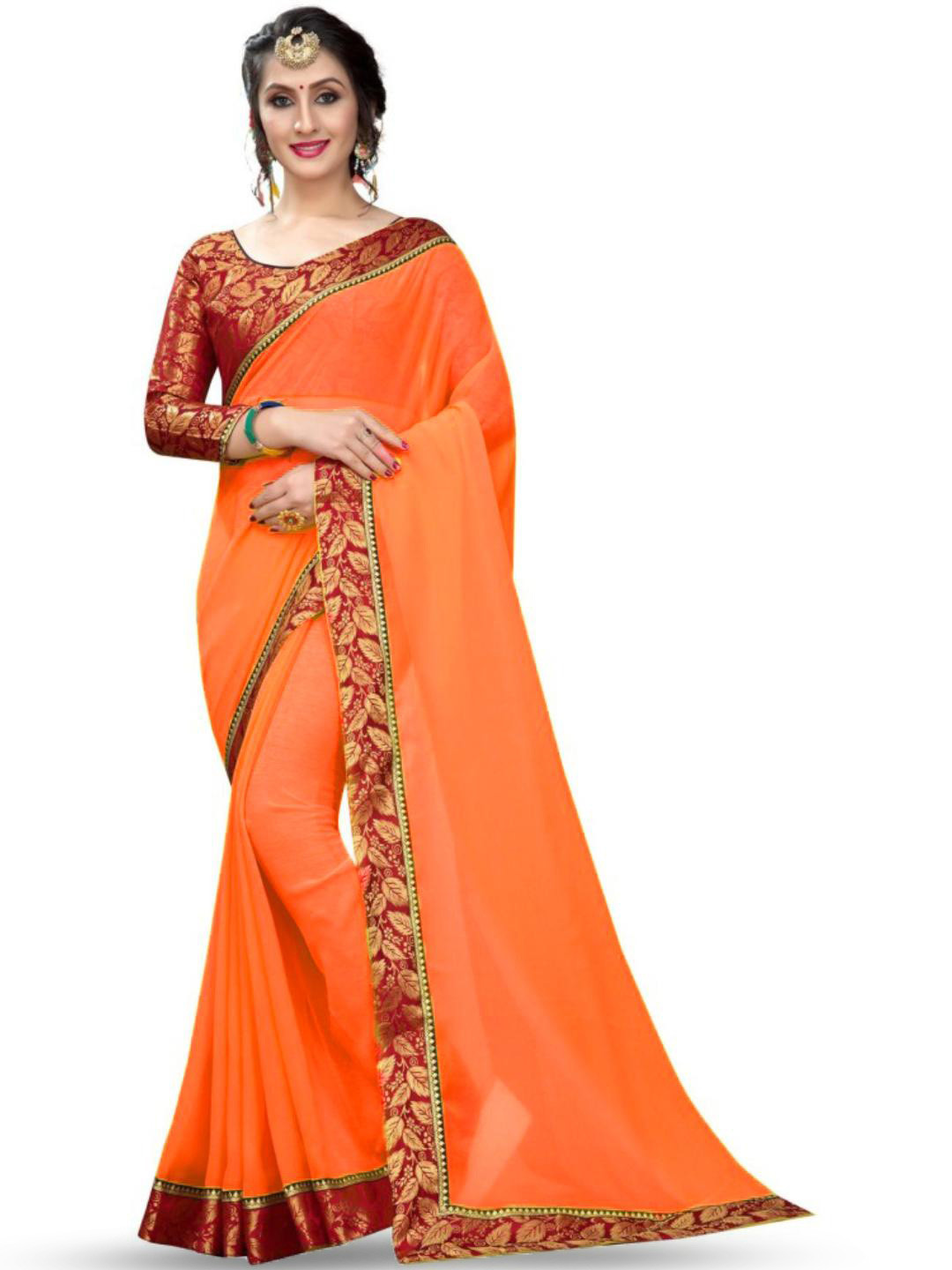 

SM TRENDZ Floral Woven Design Zari Pure Georgette Bhagalpuri Saree, Orange