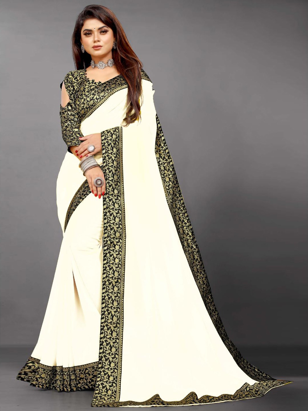 

SM TRENDZ Dyed Embellished Ethnic Woven Design Zari Pure Georgette Bhagalpuri Saree, White