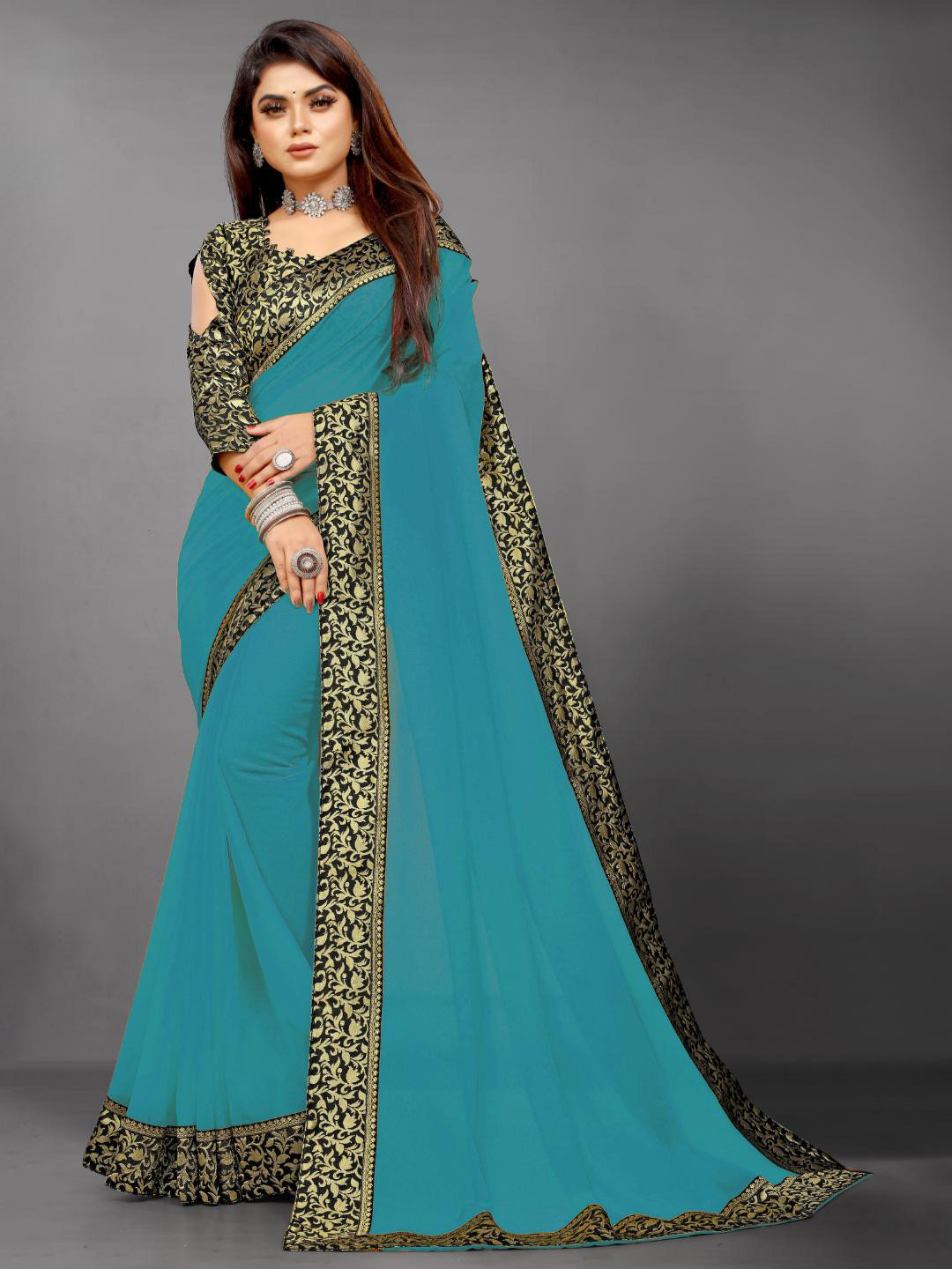 

SM TRENDZ Zari Pure Georgette Bhagalpuri Saree, Blue