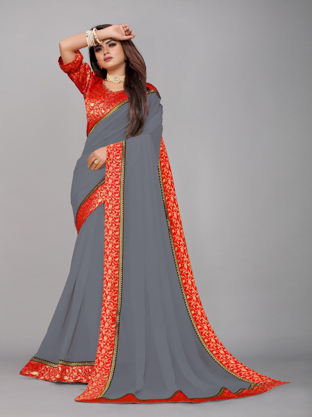 

SM TRENDZ Dyed Embellished Ethnic Woven Design Pure Georgette Bhagalpuri Zari Saree, Grey