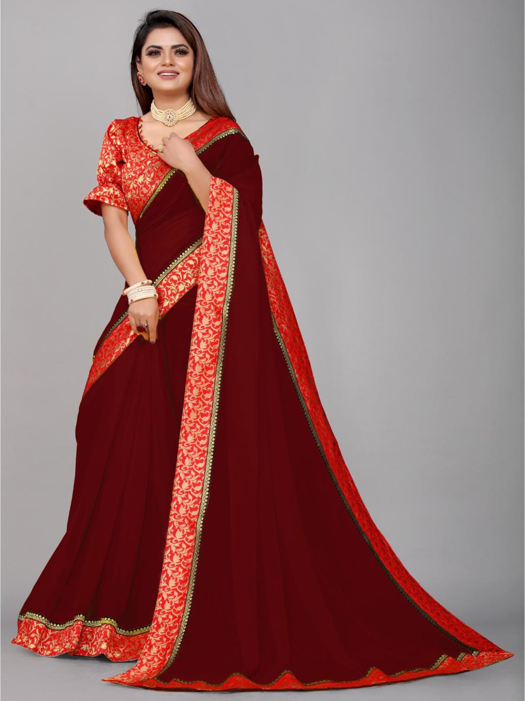 

SM TRENDZ Zari Pure Georgette Bhagalpuri Saree, Maroon