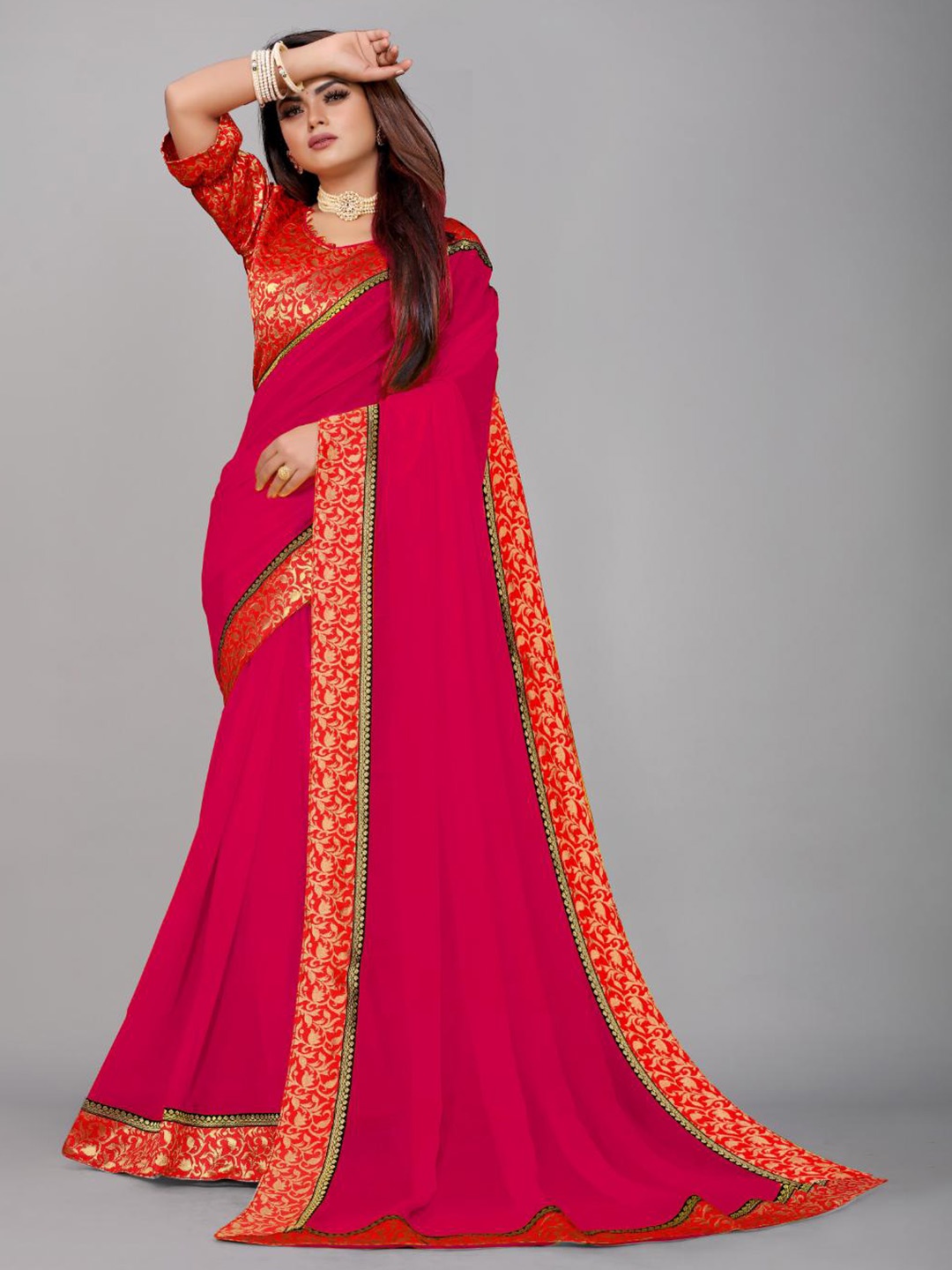 

SM TRENDZ Zari Pure Georgette Bhagalpuri Saree, Pink